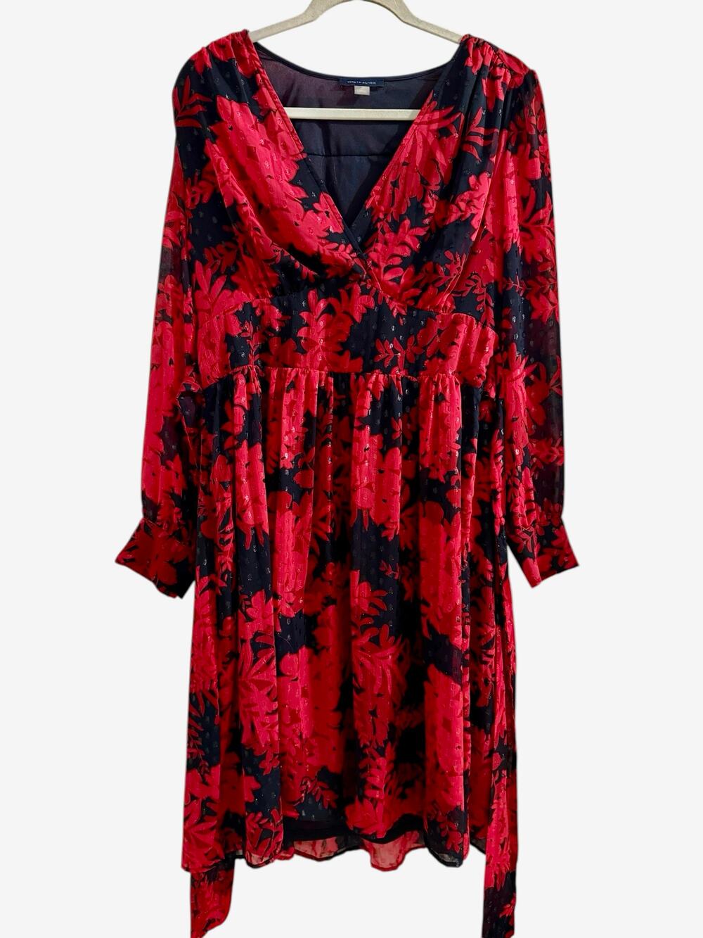 Tommy Hilfiger Women’s Size 12 Red Floral V-Neck Glitter Dot Self-Tie Midi Dress